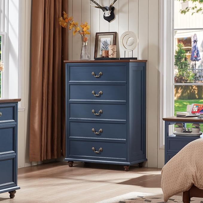 Farmhouse 5 Drawer Dresser for Bedroom, 45" Tall Rustic Chests of Drawers w/ 4 Solid Wood Feet, Mid Century Modern Wooden Closet Storage Dressers Organizer for Living Room, Hallway, Navy Blue