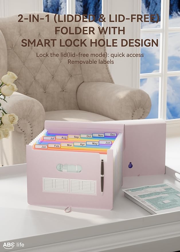 ABC life 12-Pocket Expandable Accordion File Organizer for Monthly Bills & Receipts - Portable A4/Letter Size Document Holder with Colored Tabs - Ideal for Home, Office & Travel folder- Pinkish Purple