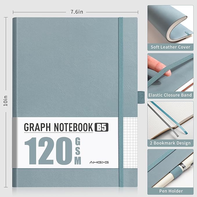 AHGXG Graph Paper Notebook - Grid Notebook Journal, 120 GSM Thick Graph Paper, Large B5 Notebook 96 Pages, Leather Softcover, for Graphing, Writing, Math, Engineering, 7.6'' X 10'' - Gray Blue