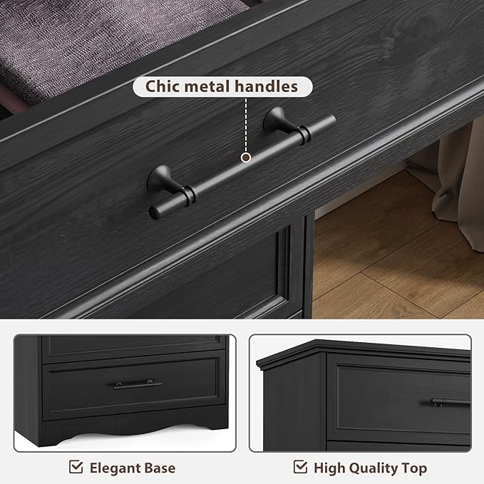 Black Farmhouse Dresser for Bedroom, Modern 6 Chest of Drawers, 44" Tall Chest of Drawers w/Brushed Metal Handle, Wood Closet Organizers and Storage Cabinet for Bedroom, Living Room, Hallway