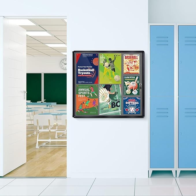 Enclosed Bulletin Board Lockable Display Case Message Board with Locking Door for Indoor, Grey Felt, Black Aluminum Frame, 28 X 26 in