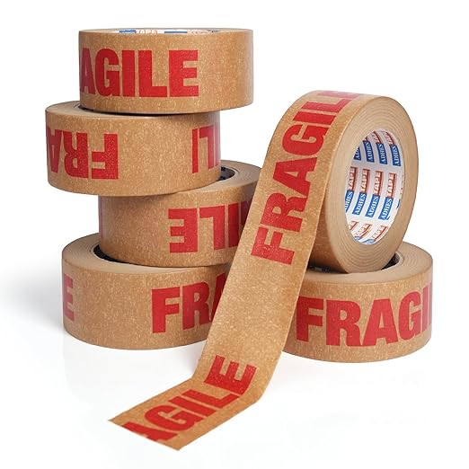 ADHES Fragile Tape, Biodegradable Kraft Paper Tape - 2in x 55yds, 6 Rolls, Strong Adhesive, Eco-Friendly Paper Packing Tape for Shipping & Moving, Heavy Duty Protection for Fragile Items