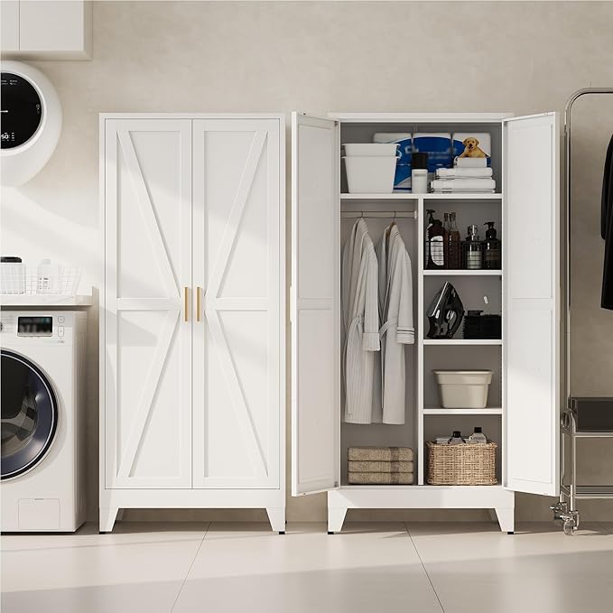 Metal Wardrobe Cabinet with Hanging Rod,Large 71" Armoire Wardrobe Closet with Adjustable Shelves,Farmhouse Metal Clothing Storage Cabinets for Bedroom,Office,Employee(White)