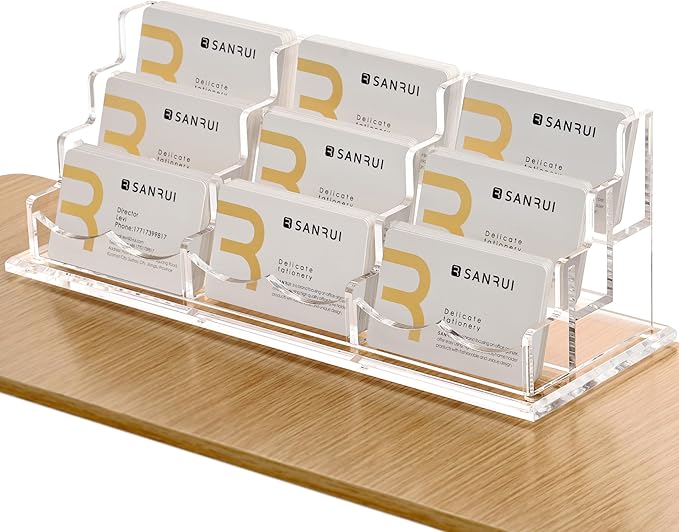 SANRUI Clear Horizontal Business Card Holder Stand for Desk, Acrylic Desktop Display Name Cards Holders Organizer Storage Rack,for Exhibition, Home , Office ,3 Tier 9 Pocket , 540 Card Capacity