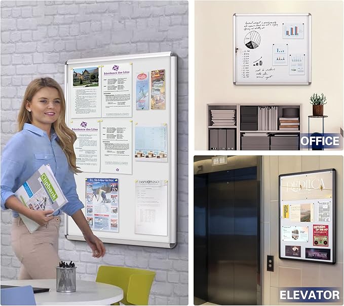 SWANCROWN Enclosed Bulletin Board Dry Erase Noticeboard Lockable Display Boards White with Aluminium Frame 20x14inch(2xA4)