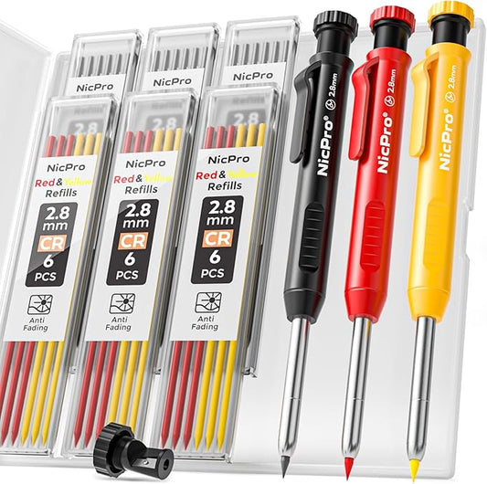 Nicpro 3 Pack Carpenter Pencil with Sharpener, Mechanical Carpenter Pencils with 39 Refills, Construction Pencil Heavy Duty Woodworking Pencils for Architect (Red, Black, Yellow)- With Case