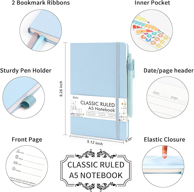 feela 12 Pack Notebooks Journals Bulk, Hardcover Notebook Classic Ruled Lined Journals with Pen Holder for Women Girls School Business Supplies, with 12 Black Pens, 120 GSM, 5.1”x8.3”, A5, Light Blue