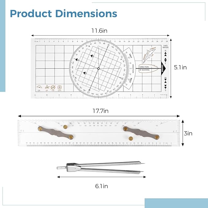 3 Pcs Basic Navigation Set, Including Marine Parallel Ruler, Nautical Protractor, and Navigation Fixed Point Divider, Marine Accessories with Clear Scales for Boat