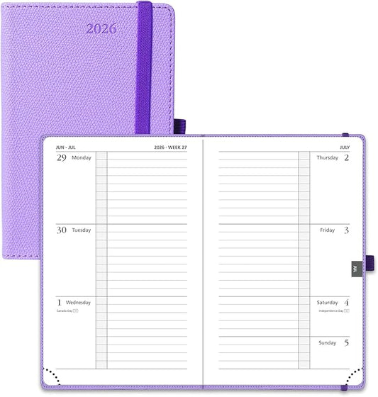 POPRUN Weekly Planner 2026 Calendar (Pocket 4'' x 6.25'') 12 Months Notebook with Horizontal Layout, Leather Hardcover, Inner Pocket, 100GSM Thick Paper, Pen Holder TJ - Lavender