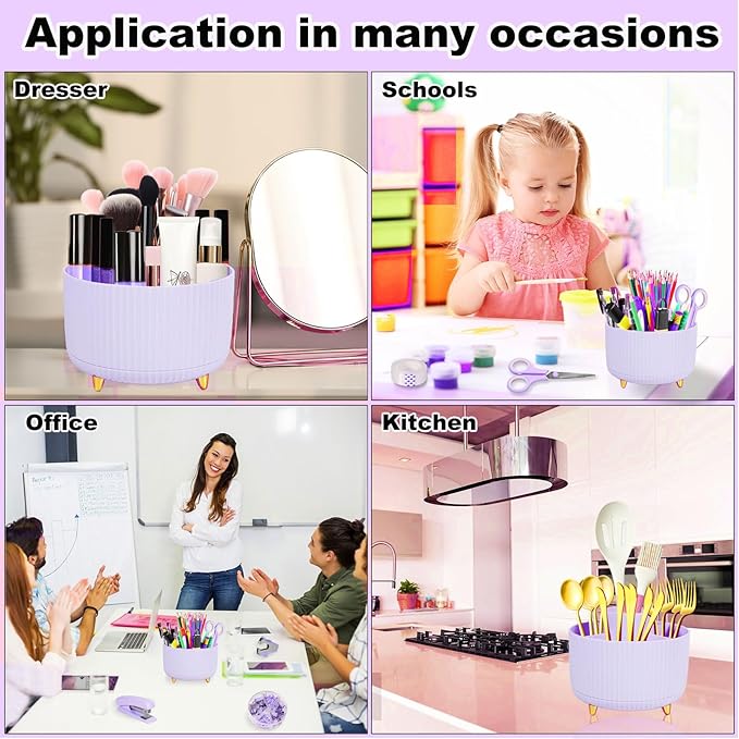Purple Desk Organizers and Accessories 10Pcs Set with 360-Degree Rotating Pen Holder, Tape Dispenser, Stapler, Staple Remover, 1000 Staples, Tape, Clips Set, Ruler, Scissor, Pen (Purple)