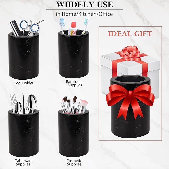 WORHE Natural Marble Pen Holder, Stylish Stone Caddy for Desk, Multi-Purpose Makeup Brush and Office Supply Storage Organizer, Desks Accessory Toothbrush Cup for Home School Black (DL003)