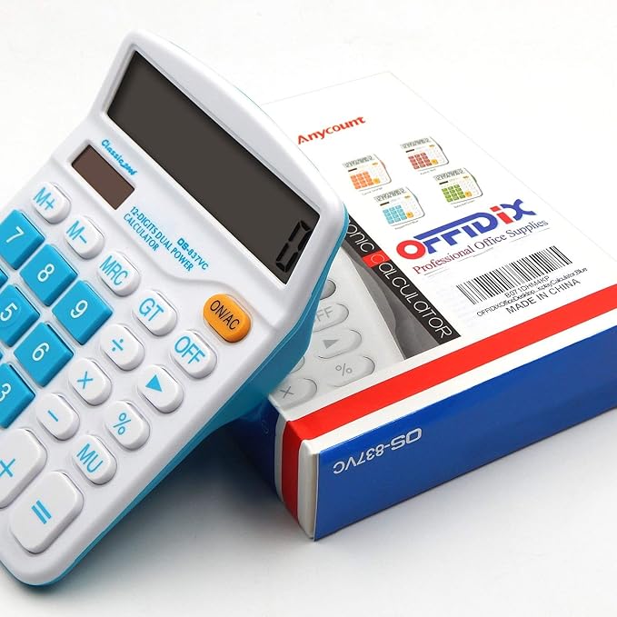 OFFIDIX Office Desktop Calculator, Solar and Battery Dual Power Electronic Calculator Portable 12 Digit Large LCD Display Calculator, Blue