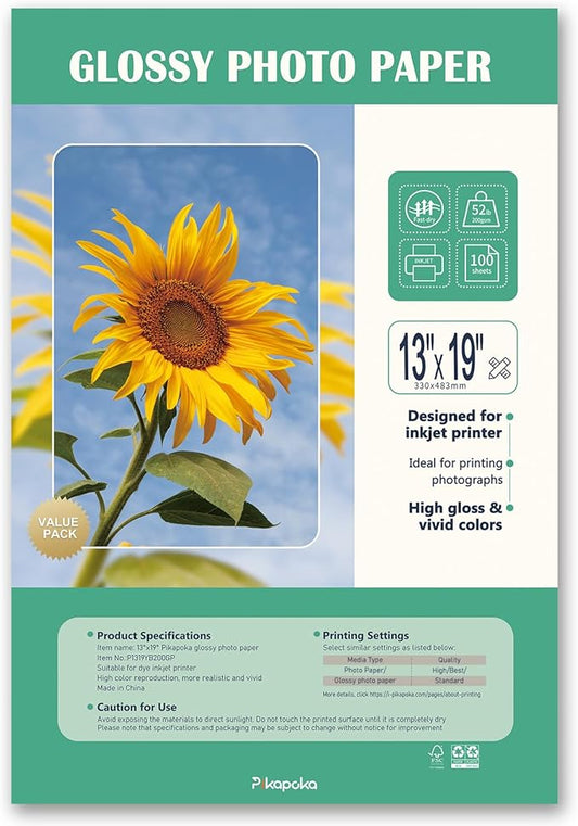 13x19 Glossy Photo Paper for Inkjet Printer, A3+ Big Photo Paper, Super B Size Full Sheet, 100 Pack, 200gsm/52lb,