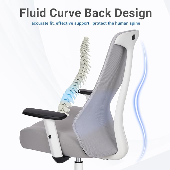 HYLONE Office Chair, 5" Thickened Seat Ergonomic Desk Chair with Adjustable Armrests, Home Office Computer Chairs for Long Hours Mesh Executive Chair(White Base&Grey)