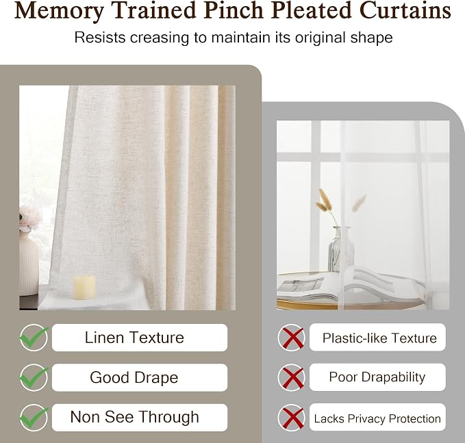 ANRODUO Memory Trained Pinch Pleated Curtains 90 Inches Long, Viral Linen Pinch - Image 6