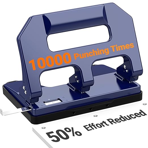 3 Hole Punch Heavy Duty, AFMAT 3 Hole Puncher for Binder, 10000+ Punching Times, 40-Sheet Three Hole Punch, Metal Hole Puncher 3 Ring, 50% Reduced Effort, Bulit-in S.S. Paper Guide, Blue