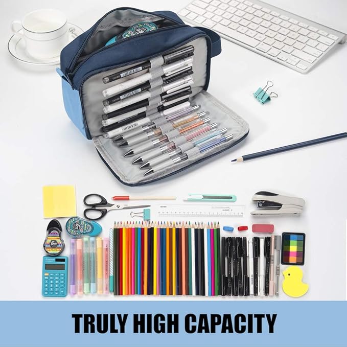 Sooez High Capacity Pencil Case, Big Pencil Bag Pouch Box Organizer Pen Case, Portable Journaling Supplies with Easy Grip Handle & Loop, Asthetic Supply for Girls Adults, Blue