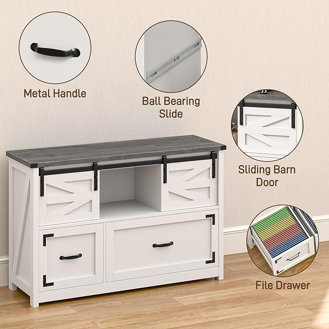 Lateral File Cabinets 2 Drawer with Sliding Barn Doors, Farmhouse Filing Cabinet with 2 Drawer for Home Office，Filing Organization Storage Cabinets for Hanging Files Letter/Legal/F4/A4.(Dark Grey.)