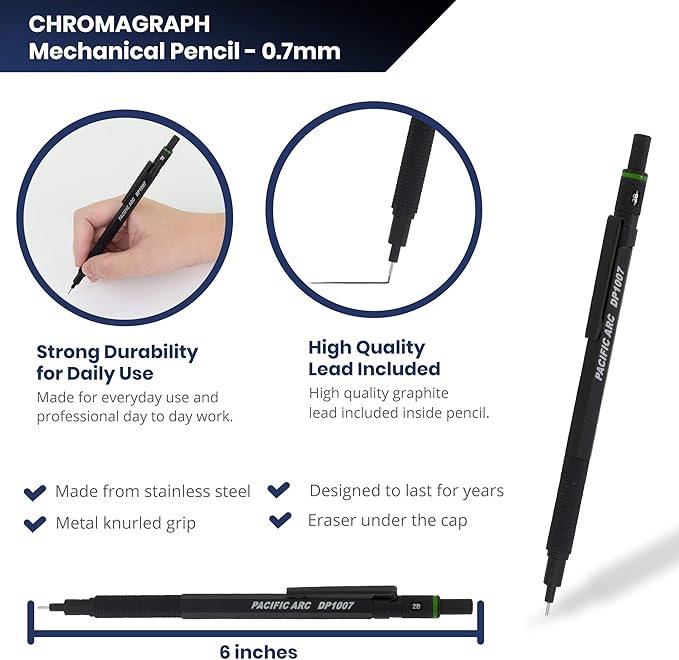 Pacific Arc Chromagraph Metal Mechanical Pencil .7 mm Black Barrel Mechanical Pencil with Built In Lead Pencil Grade Indicator, Lead Pencil Holder for Drafting, Sketching, and Drawing