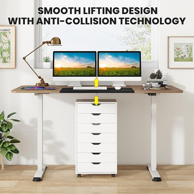 GOFLAME Height Adjustable Electric Standing Desk, 55 x 28 Inch Sit Stand Up Electric Desk with Headphone Hook, Ergonomic Standing Workstation, Electric Standing Desk with Metal Frame, Natural