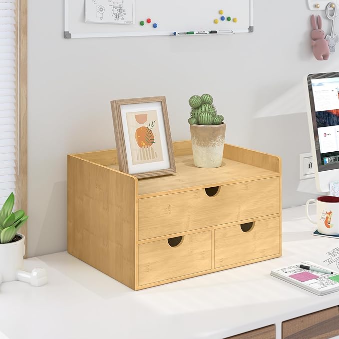 Bamboo Desk Drawer Organizer, Large Desktop Organizer with Drawers Tabletop Storage Organization Box for Office Home Toiletries Supplies Vanity, No Assembly Required (3 Drawer with Shelf)