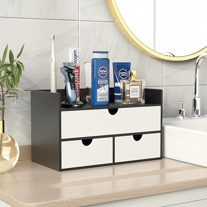 Wisuce Desk Organizer with Drawers - Bamboo Desktop Organizer Storage | Black-White Wood Desk Makeup Dresser Top Organizer for Cosmetics No Assembly Required