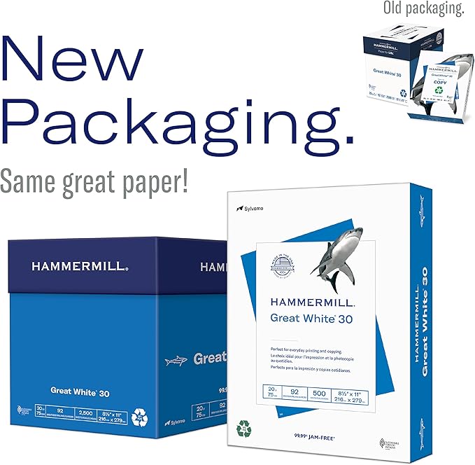 Hammermill Printer Paper, Great White 30% Recycled Paper, 8.5 x 11 - 5 Ream (2,500 Sheets) - 92 Bright, Made in the USA