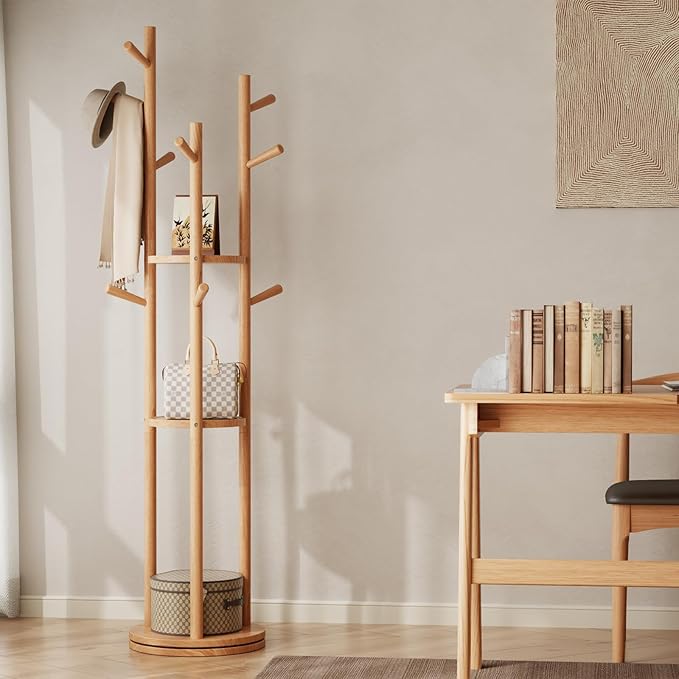 Solid Wood Rotary Coat Rack, Freestanding Coat Rack with 3 Shelves and 9 Hooks, Coat tree for Bedroom, Entryway, Livingroom, Coat Hanger Stand for Coats, Scarves, Handbags (Natural)