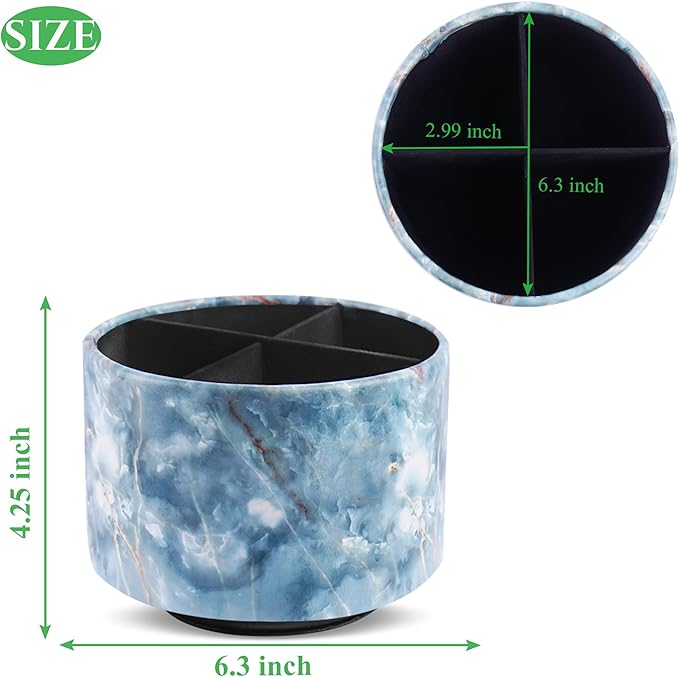 Round Leather Art Supply Organizer,Remote Control Holder,360-degree Rotating Pen Organizer with 4 Compartments(1-Marble Jade)