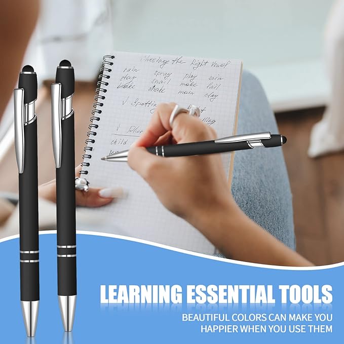 12 Pcs Blue Ink Ballpoint Pen with Stylus Tip, 1.0 mm Metal Pen Stylus Pen for Touch Screens, 2 in 1 Thank You Pen Gift for Friends, Colleagues, Coworker, Office, Family (Black)