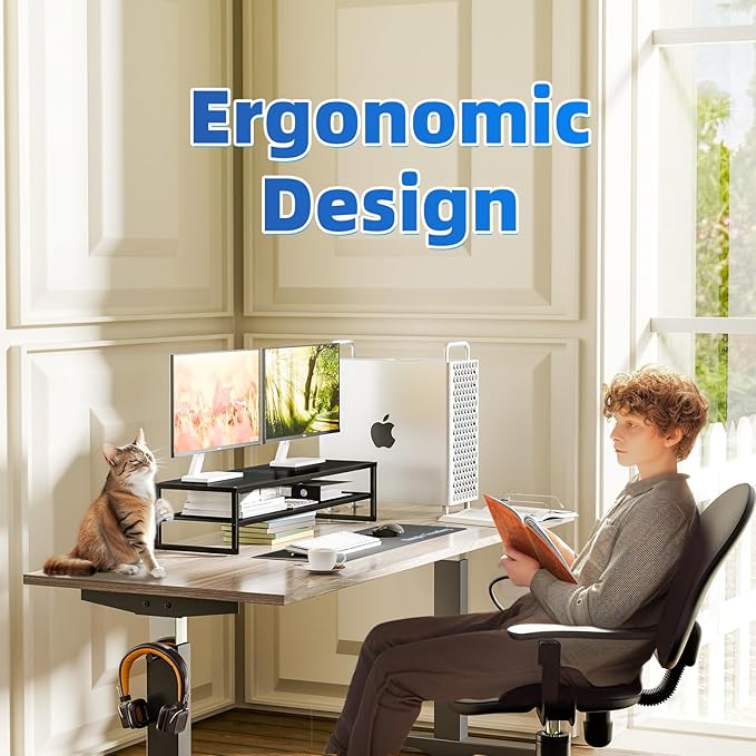 Simple Trending 2 Tier Metal Dual Monitor Stand Riser,Computer Office Desktop Organizer for 2 Monitors With 32"x10" Mouse Pad ,for Laptop,Printer,TV,Black