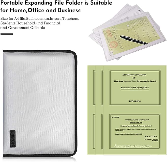 ENGPOW Expanding File Folder Important Document Organizer Fireproof and Waterproof Document Bag with A4 Size 13 Pockets Zipper Closure Non-Itchy Silicone Coated Portable Filing Wallet Pouch(Silver)