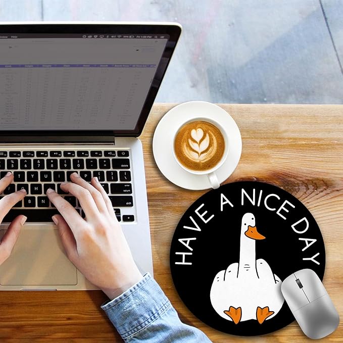 Funny Duck Work Mouse Pad, Small Round Mouse Pads for Desk, Mini Travel Mousepad for Wireless Computer Laptop, Office Desk Accessories, Have a Nice Day Middle Finger, 8.6 x 8.6 inch