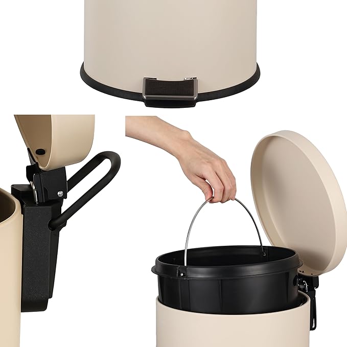 happimess HPM1000E Oscar 8-Gallon Step-Open Trash Can with Free Mini Trash Can, Modern, Fingerprint Proof for Home, Kitchen, Office, Large:7.9 Gallon Small:1.3 Gallon, Limestone Beige