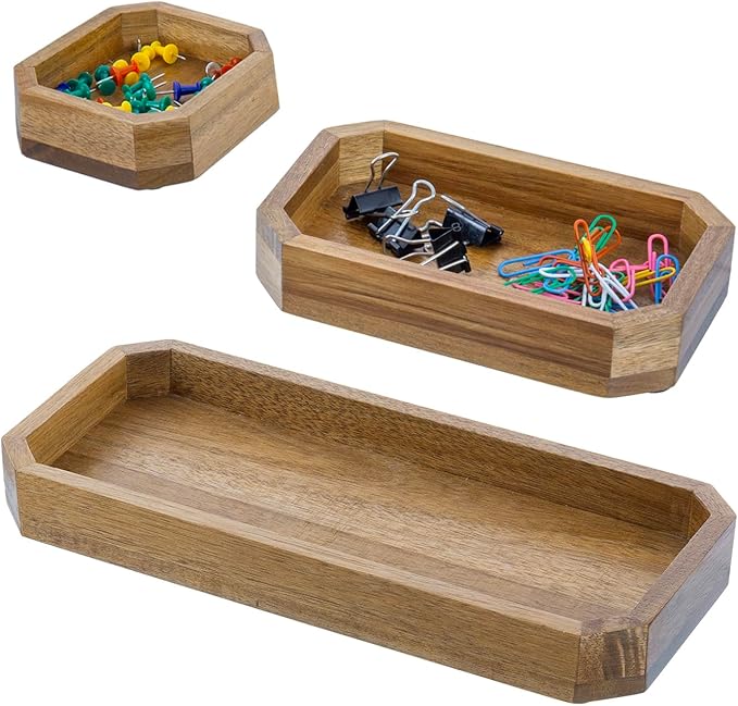 MyGift Premium Solid Acacia Wood Octagonal Desk Organizer Trays Office Stationery Holders, 3 pc Set