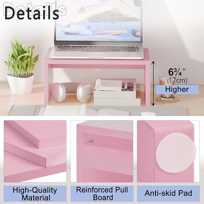 TEAMIX Pink Monitor Stand Riser-6.7 inch, Wood Higher Monitor Riser with Storage for Desk, Laptop Riser Computer PC Stand for Desktop Workspace Home Office(Pink-Higher)