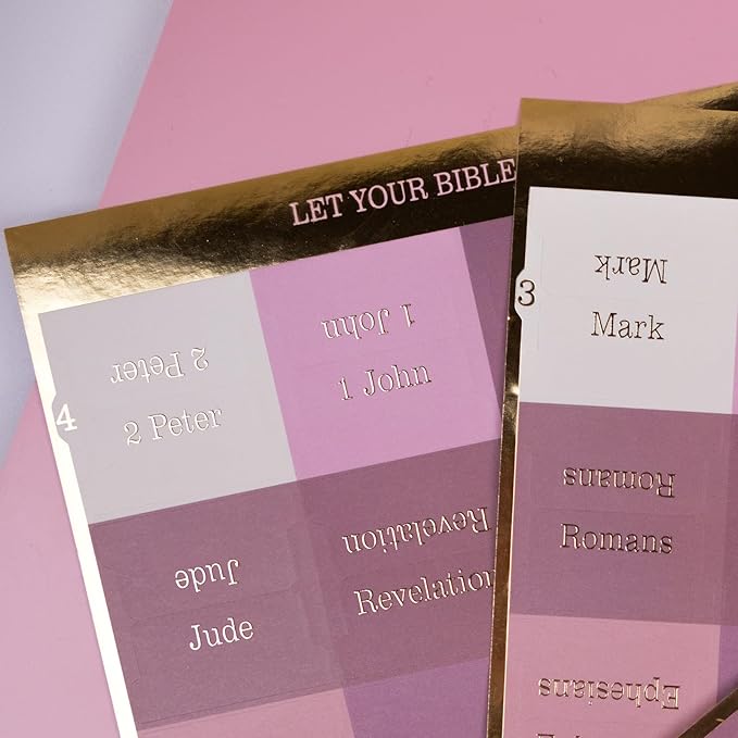 UPAFEXXI-Laminated Bible Tabs for Women and Men (Gold Foil Embossed Lettering) Reposition Large Print tabs, Easy to Read and Apply, 80 Bible Chapters Labels for Easy Navigation(Pink and White)