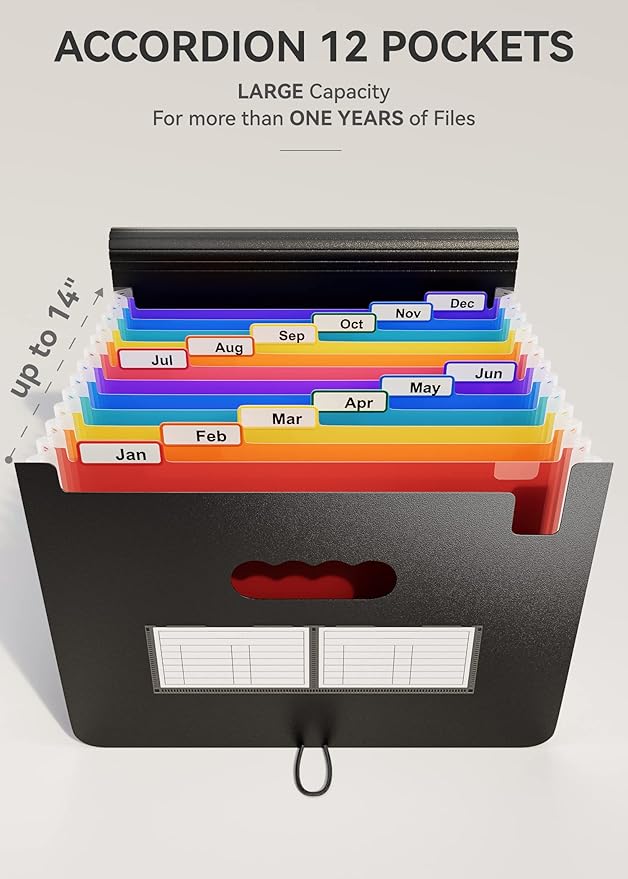 ABC life 12 Pockets Accordion File Organizer Expanding File Folders, Portable Letter A4 Size Filing Box, Plastic Monthly Bill Receipt Document Organizer, Expandable Accordian Folder with Colored Tabs