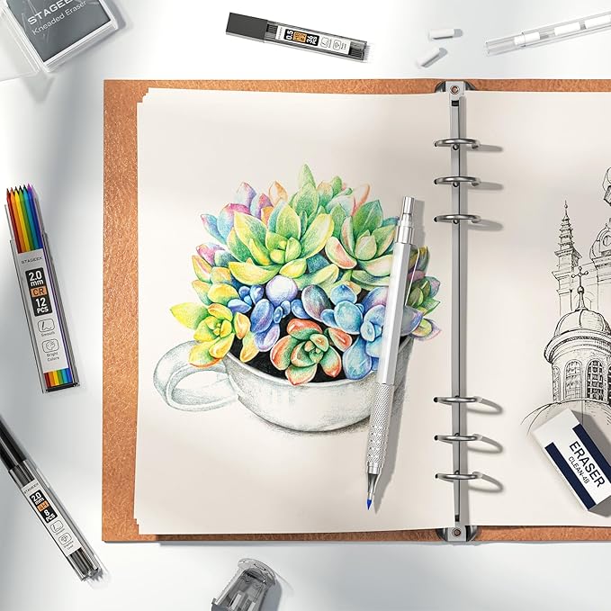 35Pcs Art Mechanical Pencil Set with Case, 0.5 0.7 0.9 2.0 Graphite Metal Drawing Drafting Pencils, Sharpener Erasers 384PCS Lead Refills (6B 4B 2B HB 2H 4H Colors)Pencils for Writing Sketching,Silver