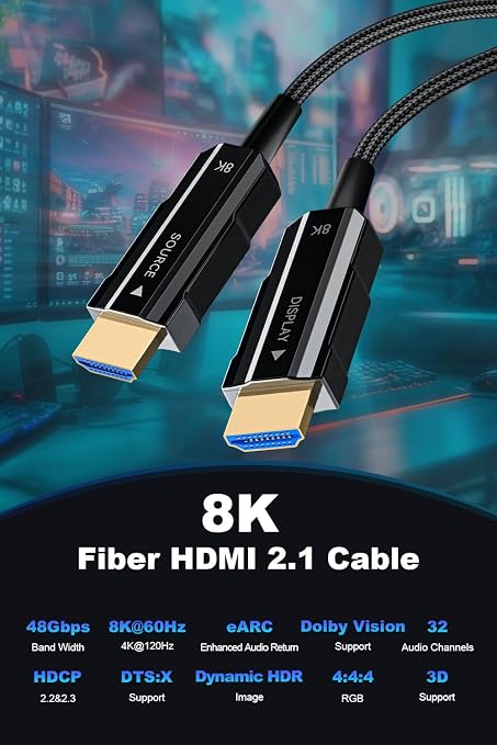 8K HDMI 2.1 Cable 30ft/9m, Fiber Optic HDMI Cable Braided Cord, High Speed - Image 3