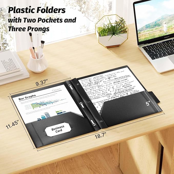 Plastic Folders with Pockets and Prongs,12 Pack 2 Pocket Folders with 3 Fasteners,Upgrade Tabs,Heavy Duty Pocket Folder with Brad, Black Folders with Card Slot,Colorful Labels,Letter Size