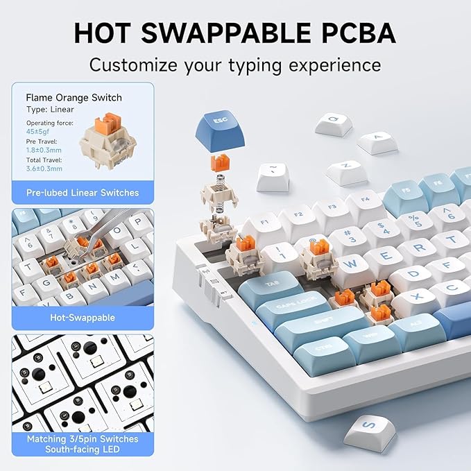 G98 PRO Wireless Gaming Keyboard, Tri-Mode Connection Mechanical Keyboard, Hot Swappable Custom Gasket Structure, Pre-lubed Linear Switches, Double Shot PBT Keycaps, RGB LED Backlit, Blue&White