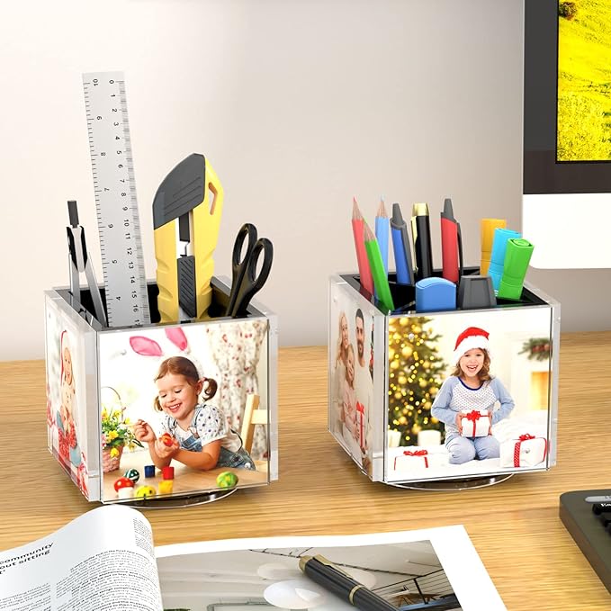 HIIMIEI Acrylic Rotating Pen Holder for Desk, Pencil Holder Picture Frame Holds 4 Family Photos of 4"x4", Desk Pen holder Organizer for Office, Classroom, Home, Kids (Black)