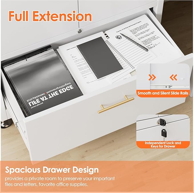 Aobabo Metal 1 Drawer Office File Cabinet with Lock and 2 Doors, Office Steel Files Cabinet with Wheels, Legal/Letter A4 Size, Assembly Required, White