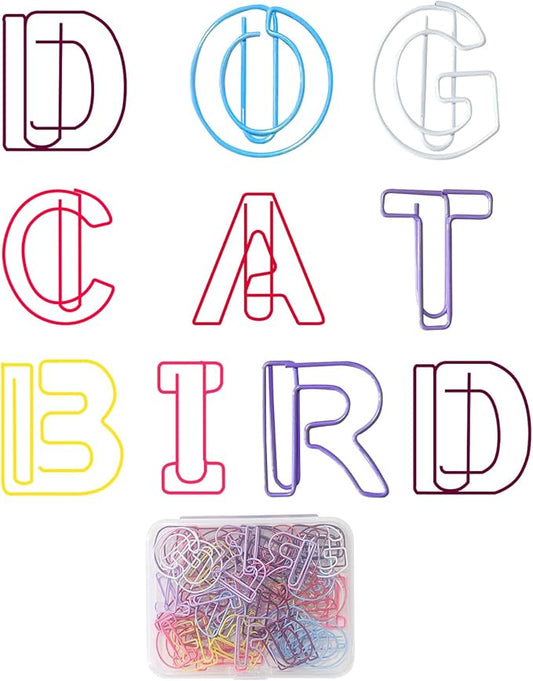 52 Pcs Stainless Steel Paper Clips - Alphabet Letter Clips for Office & School with Storage Box Assorted Color (Pet Series)