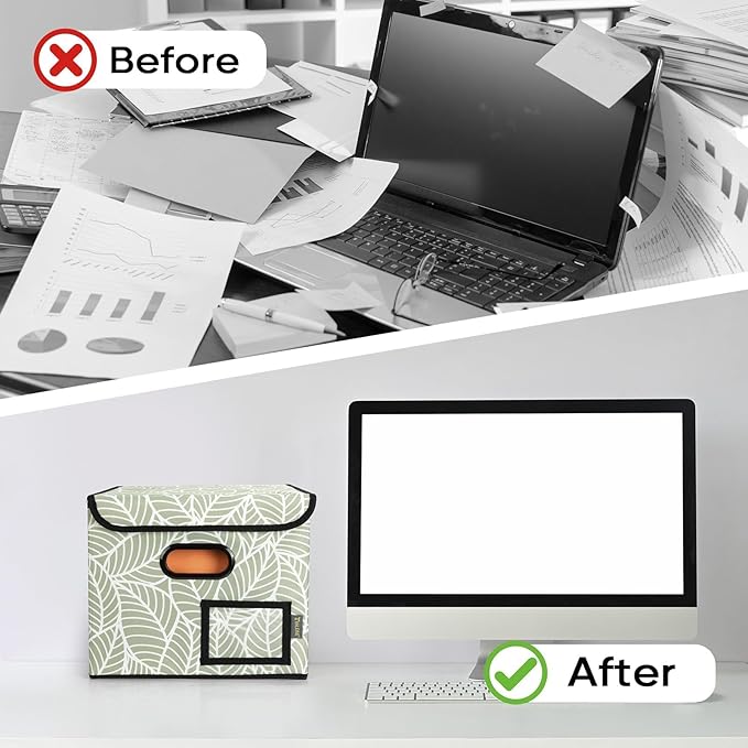 BALEINE File Organizer Box with Lid, Collapsible File Folder Organizer with Plastic Slide, Hanging File Folder Box for Office Document Storage (2 Pack, Antique Foliage)