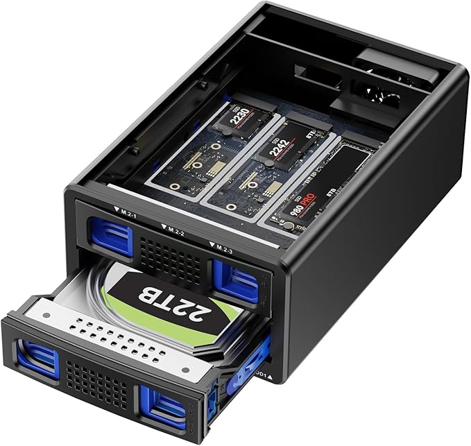 Hybrid 2.5/3.5" SATA HDD/SSD+3* M / B+M Key M.2 NVMe Enclosure with Cooling Fan and USB A/C 3.2 Gen 2 (10Gbps), Hard Drive Enclosure Support 46TB(22TB HDD+3*8TB 2230/2242/2260/2280/22110 SSDs)