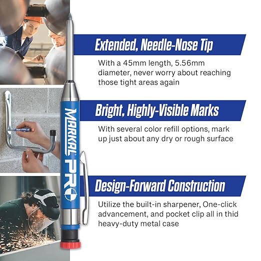 Markal 96270 - Markal PRO Holder with 1 Graphite Lead, Built-in Sharpener, 1 Click Advance, Heavy-Duty Metal Barrel Construction & Extended Needle-Nose Tip for Use in Toughest Jobs