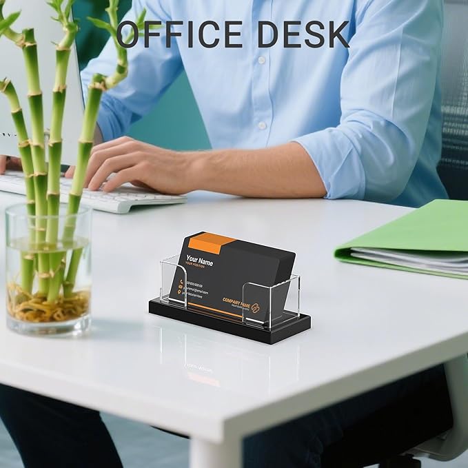 LUGUNU Business Card Holder for Desk 2 Pack – Clear Acrylic Card Display Stand Holds 100 Cards, Office Desktop Organizer(4.5x1.9x1.6inches)