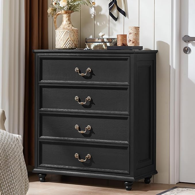 Farmhouse 4 Drawer Dresser for Bedroom, 37" Tall Rustic Chests of Drawers w/ 4 Solid Wood Feet, Mid Century Modern Wooden Closet Storage Dressers Organizer for Living Room, Hallway, Black